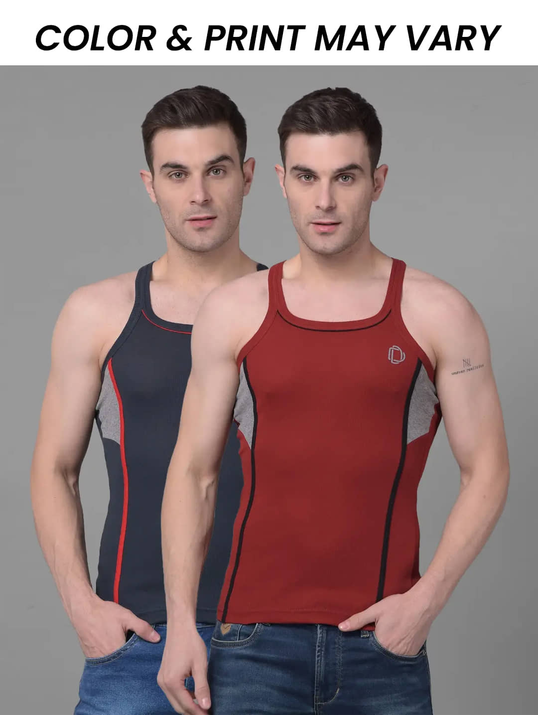 Dollar Bigboss Men's Pack of 2 Solid Combed Cotton Racerback Styled Gym Vest (Colour May Vary) - Nightwear & Loungewear | Buy online on ZillyBuy