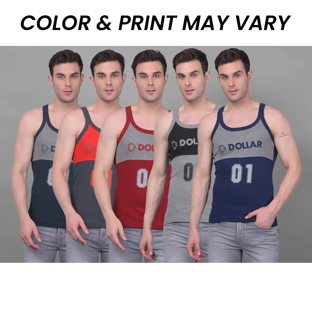 Dollar Bigboss Men's Pack of 5 Solid Combed Cotton Racerback Styled Gym Vest (Colour May Vary) - Nightwear & Loungewear | Buy online on ZillyBuy