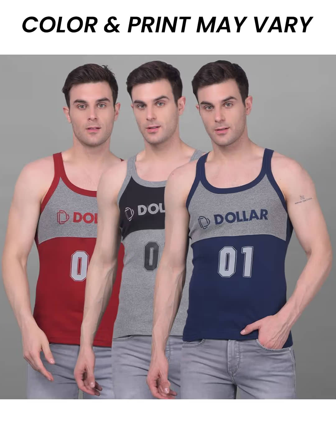 Dollar Bigboss Men's Pack of 3 Solid Combed Cotton Racerback Styled Gym Vest (Colour May Vary) - Nightwear & Loungewear | Buy online on ZillyBuy