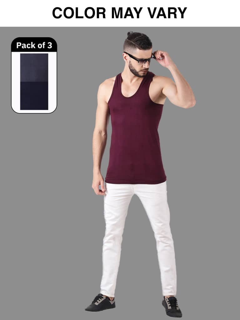 Dollar Lehar Men Combed Cotton Round Neck Vest - Pack of 3 - (Colour may Vary) - Nightwear & Loungewear | Buy online on ZillyBuy