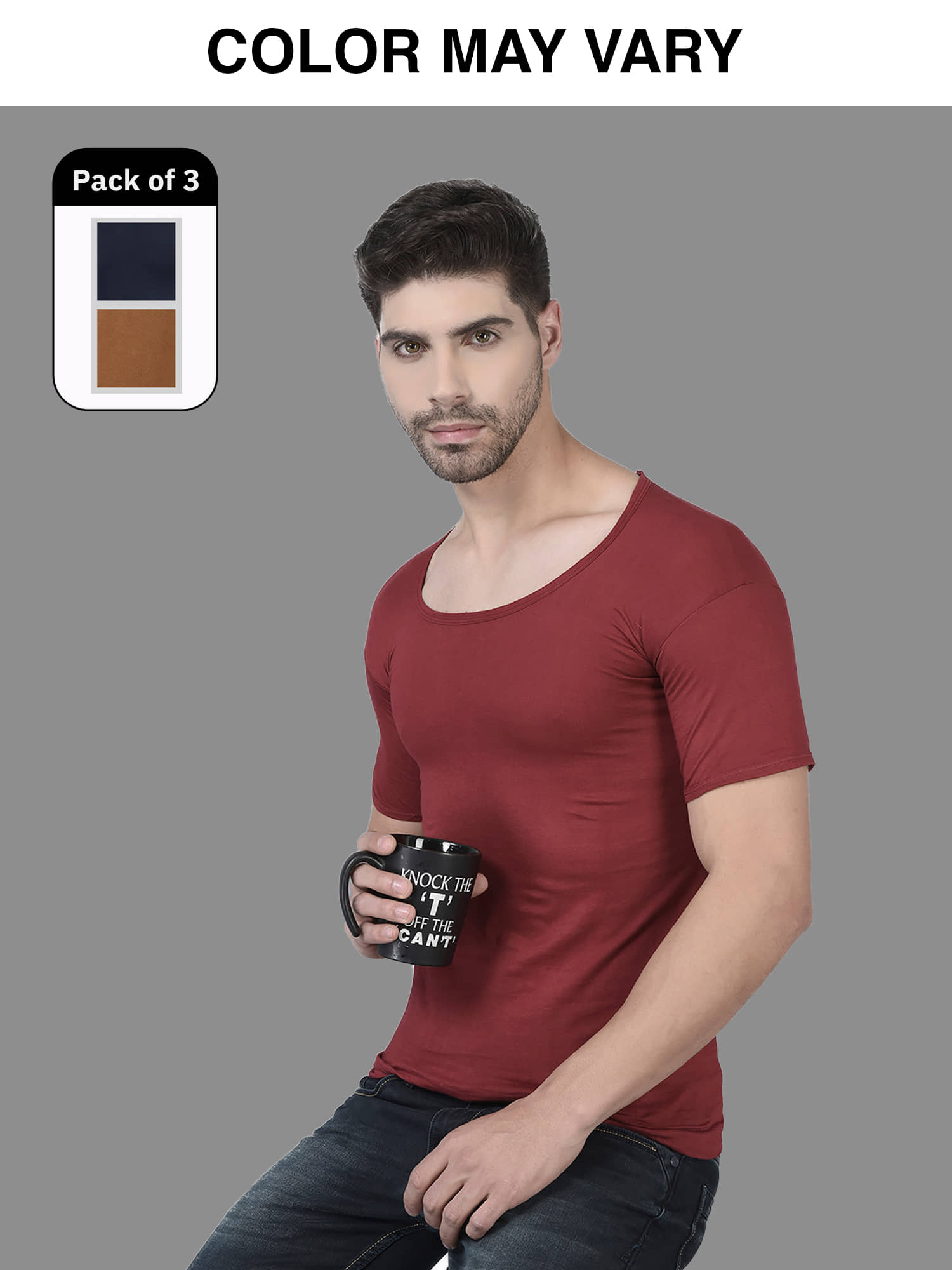 Dollar Lehar Men Combed Cotton Round Neck With Sleeve Vest - Pack of 3 - (Colour may Vary) - Nightwear & Loungewear | Buy online on ZillyBuy
