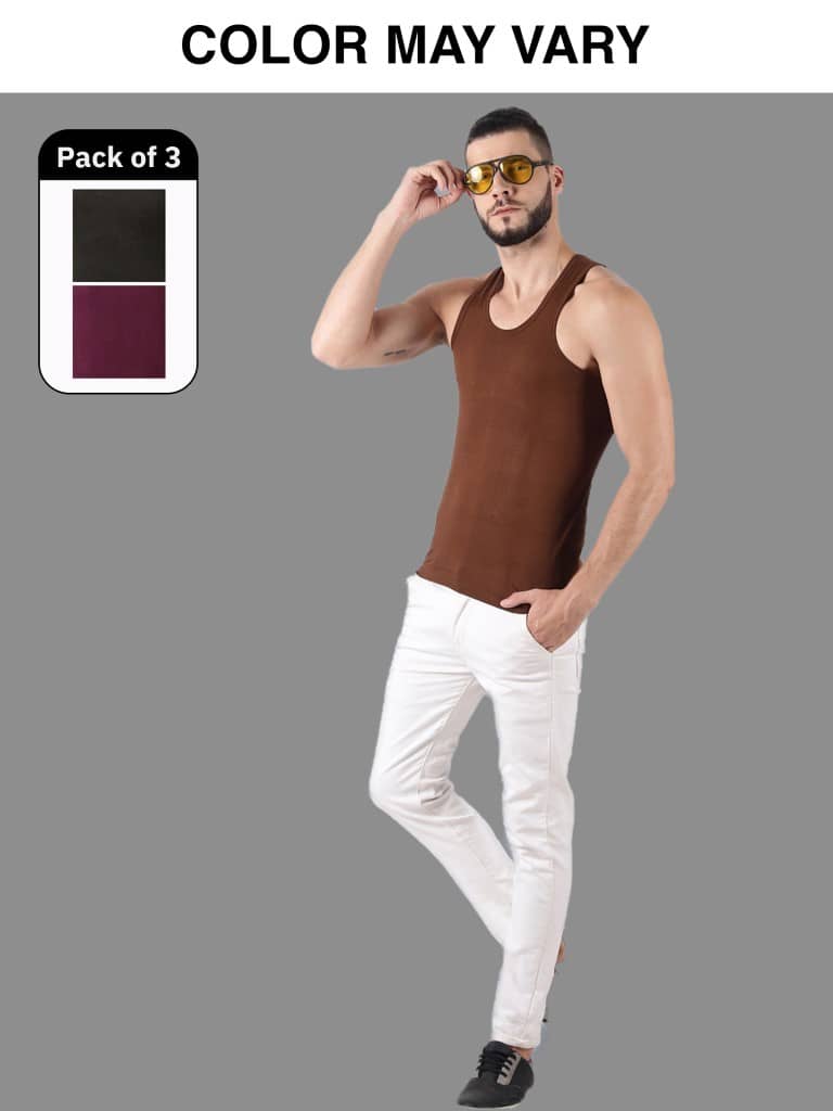 Dollar Lehar Men Combed Cotton Round Neck Vest - Pack of 3 - (Colour may Vary) - Nightwear & Loungewear | Buy online on ZillyBuy