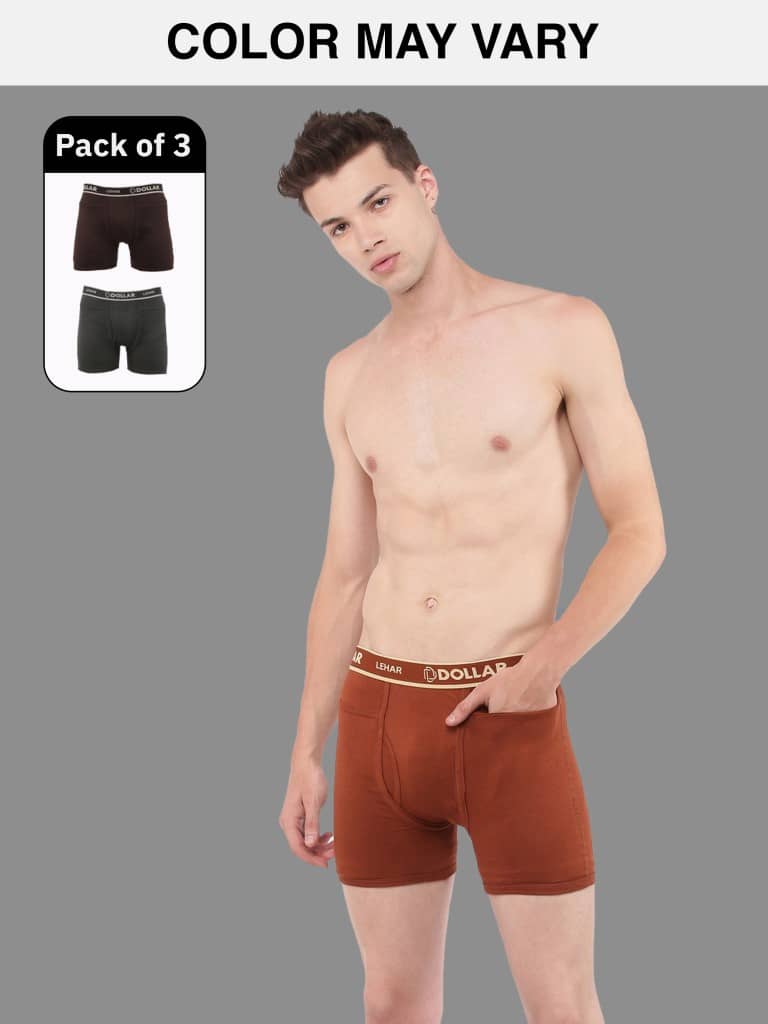 Dollar Lehar Mens Combed Cotton Trunk - Pack of 3 - (Colour May Vary)