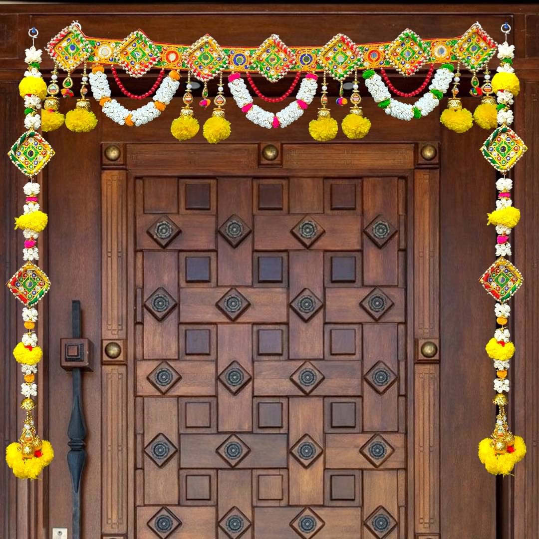     			HEGiENES DECOR'S Embroidery Work with Artificial yellow meri gold flower and beads traditional door hanging toran with two side hanging navratri and diwali Toran. Pack of set.
