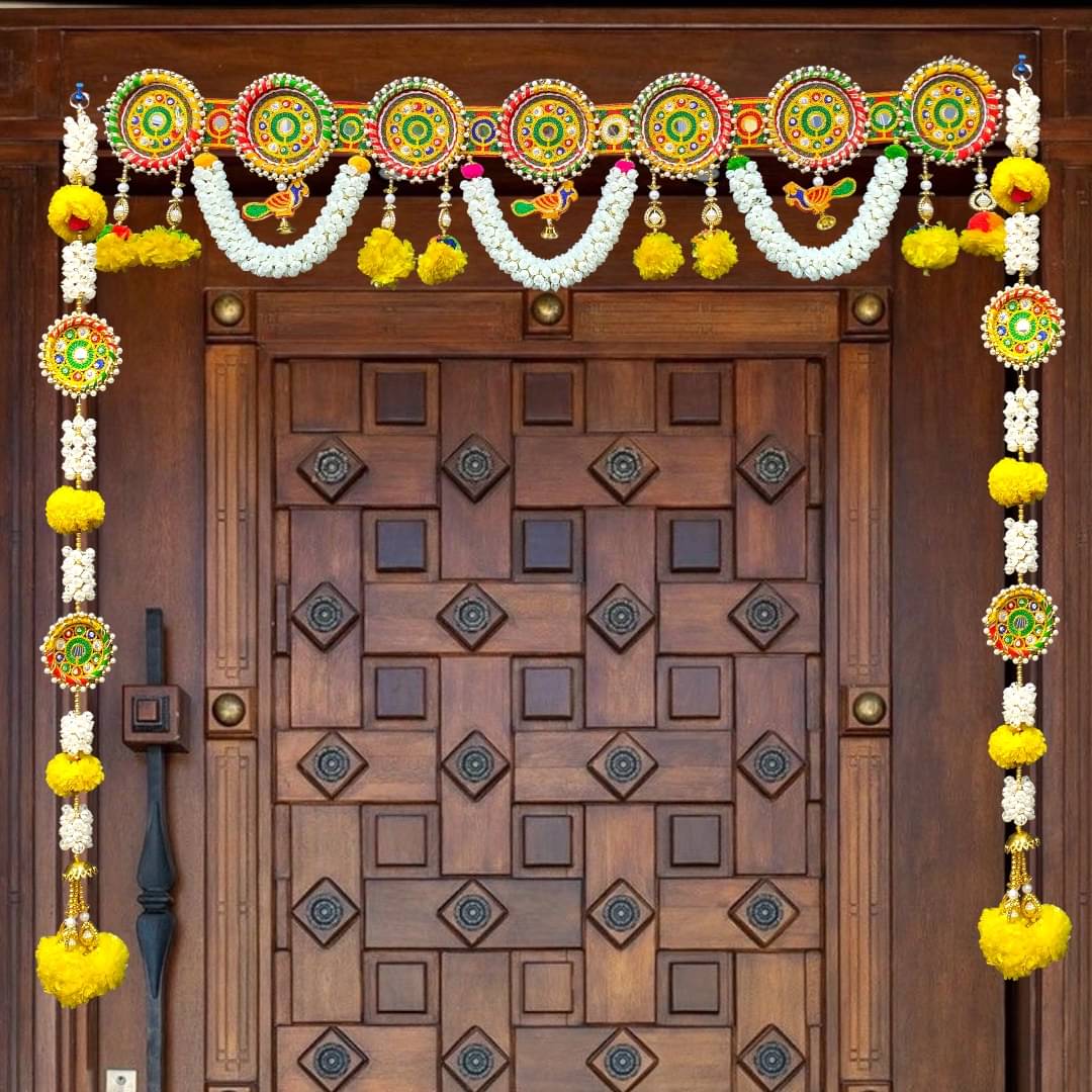     			HEGiENES DECOR'S  Round shap embroidery work with artificial yellow meri gold flower and beads traditional door hanging toran with two side hanging navratri and diwali Toran. Pack of set.