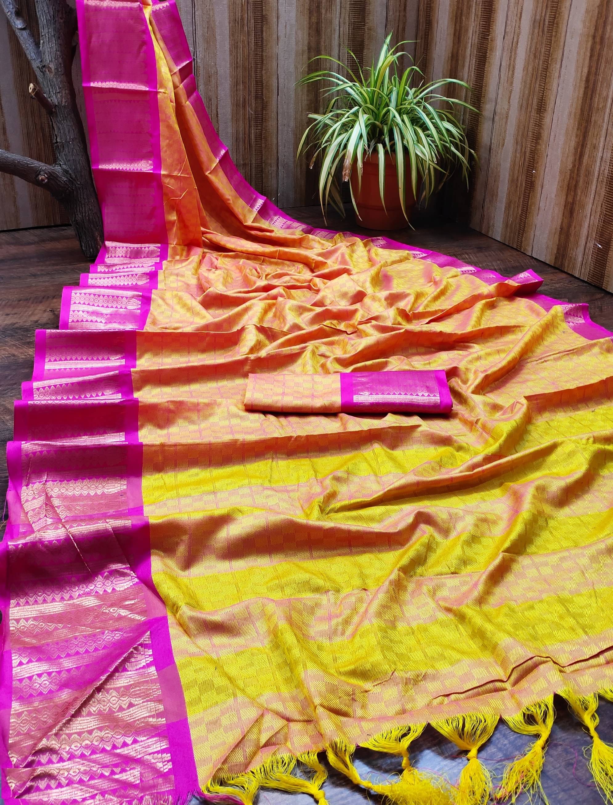     			Juhi Collection Cotton Silk Colorblock Banarasi saree With Unstitched Blouse Piece ( Yellow )