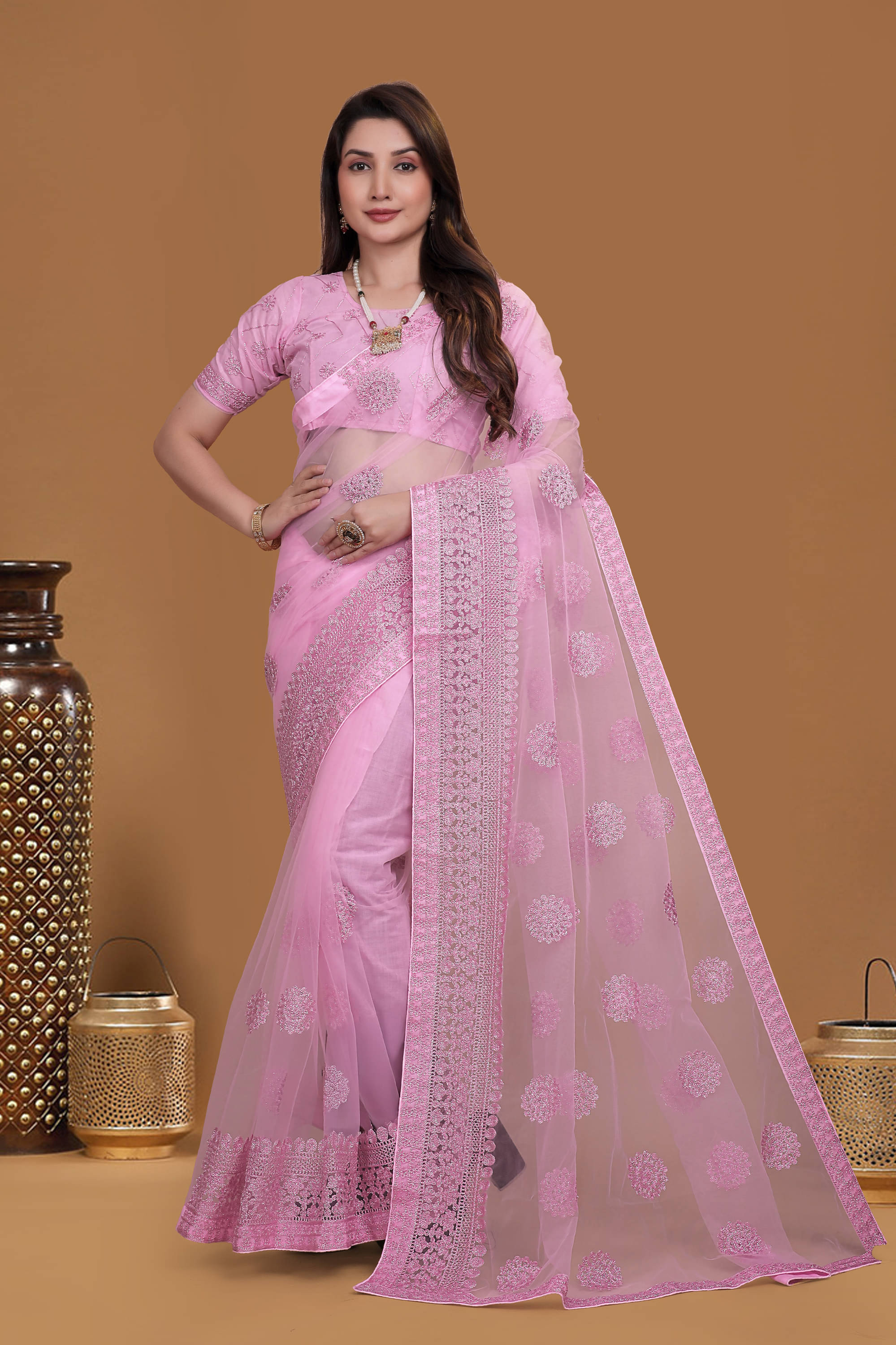     			Keyura Net Embroidered Kashmiri Kani Saree With Unstitched Blouse Piece ( Pink )