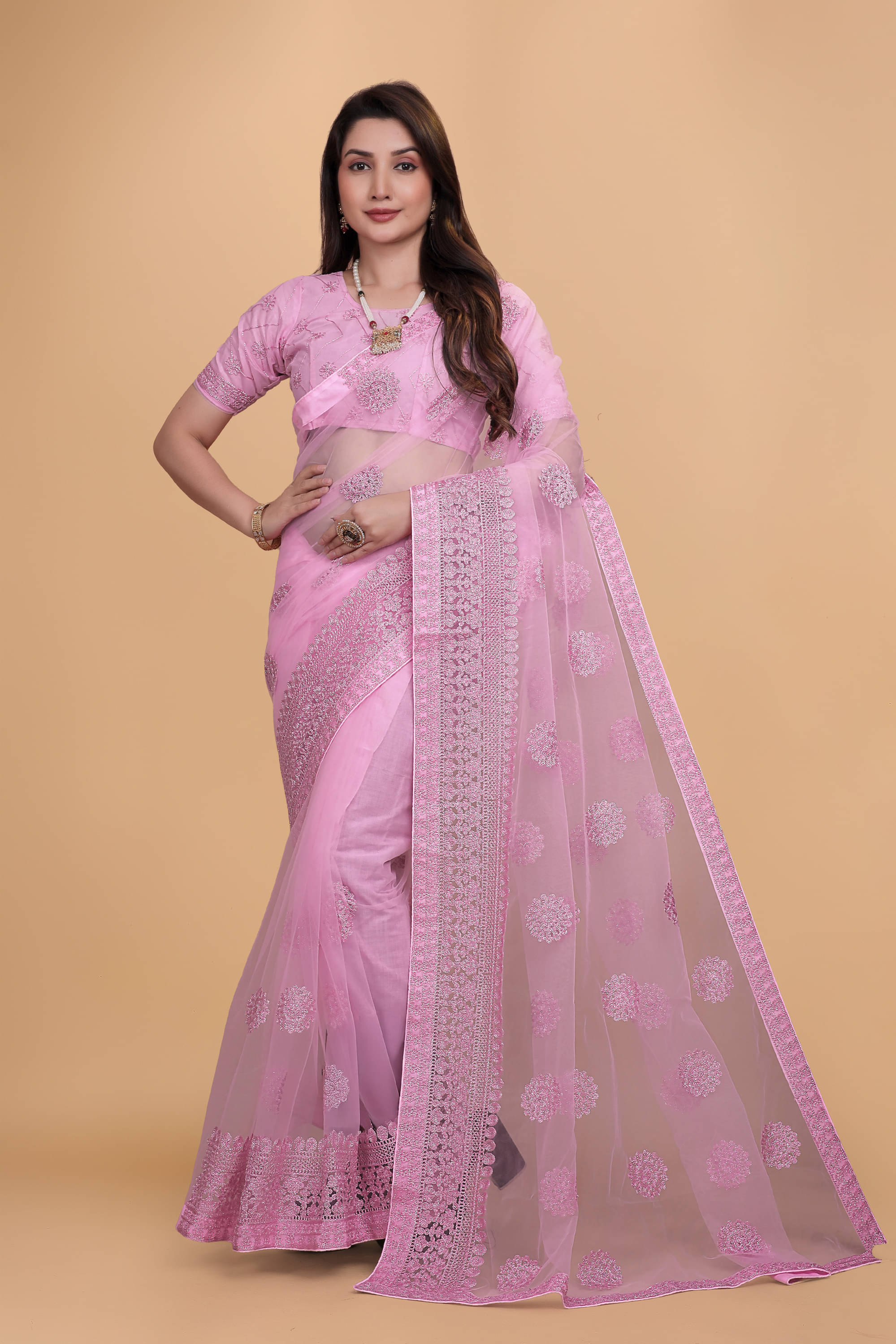     			Keyura Net Solid Saree With Unstitched Blouse Piece ( Pink )