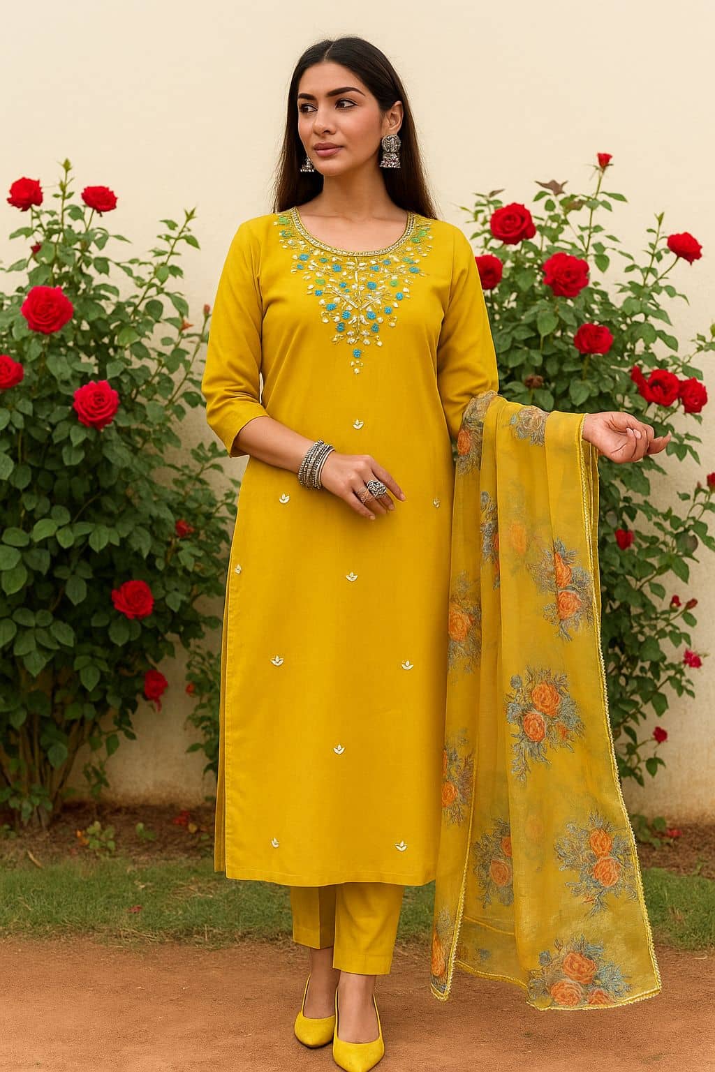 Mahek Fashion Women Organza Embroidered A-line Kurti With Pants ( Yellow )