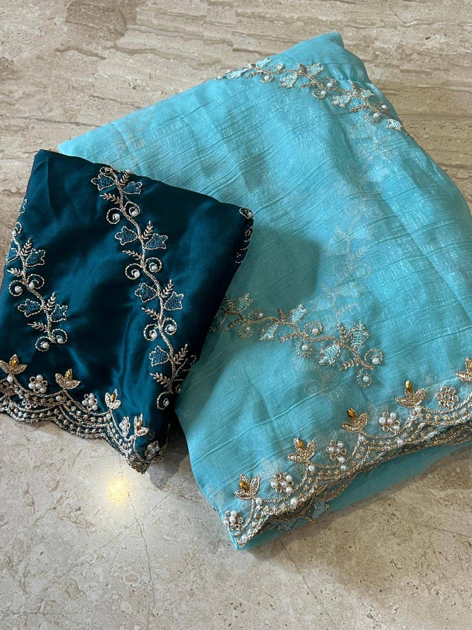 Maruti Traders Chiffon Embroidered Saree With Unstitched Blouse Piece ( Sky Blue ) Maruti Traders Chiffon Embroidered Saree With Unstitched Blouse Piece ( Sky Blue )