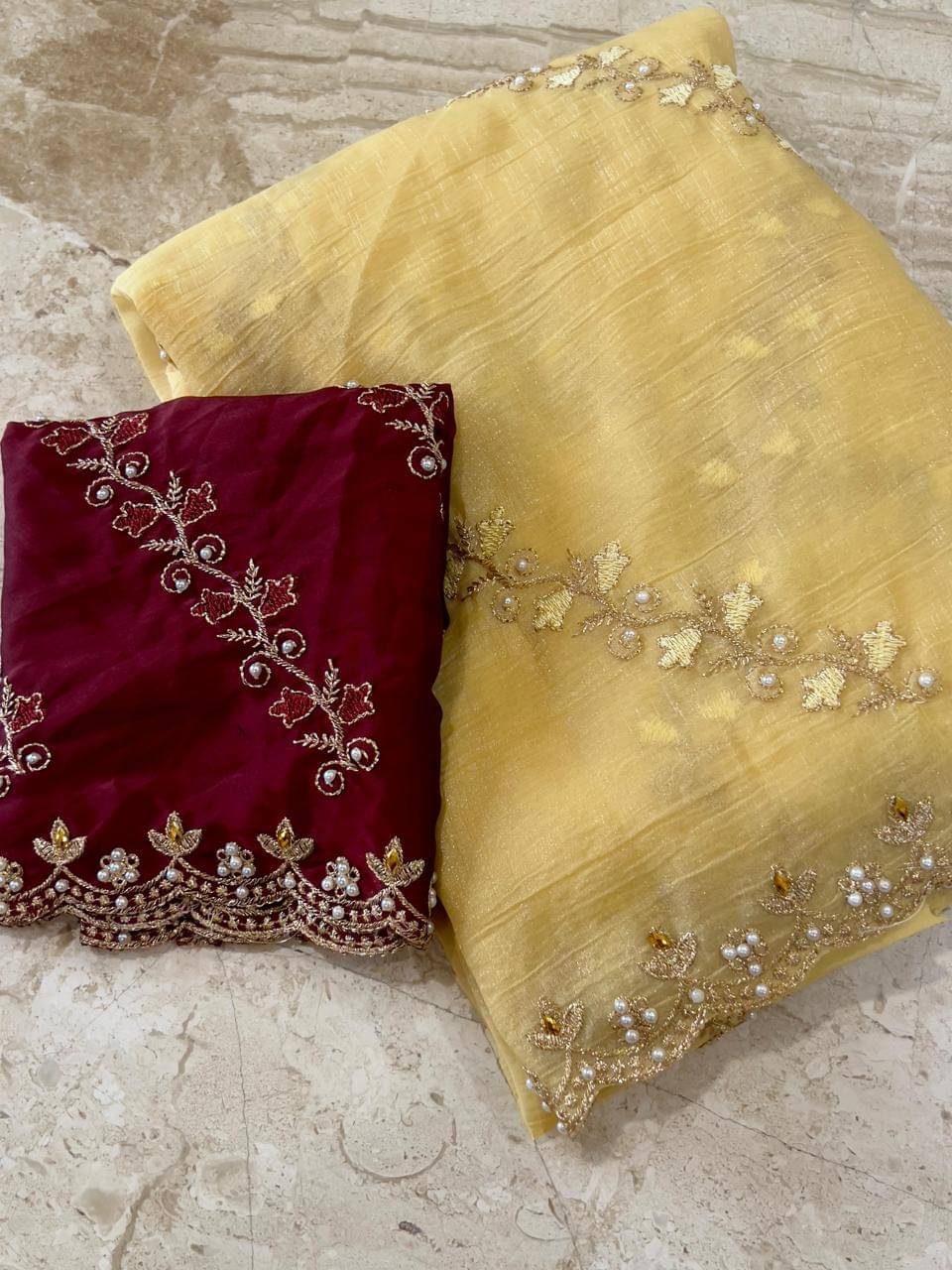     			Maruti Traders Chiffon Embroidered Saree With Unstitched Blouse Piece ( Yellow )