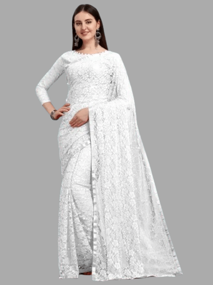     			Nilkanthvarni Creation Net Woven Saree With Unstitched Blouse Piece ( White )