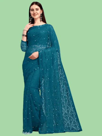 Nilkanthvarni Creation Net Embellished Saree With Unstitched Blouse Piece ( Rama ) Nilkanthvarni Creation Net Embellished Saree With Unstitched Blouse Piece ( Rama )