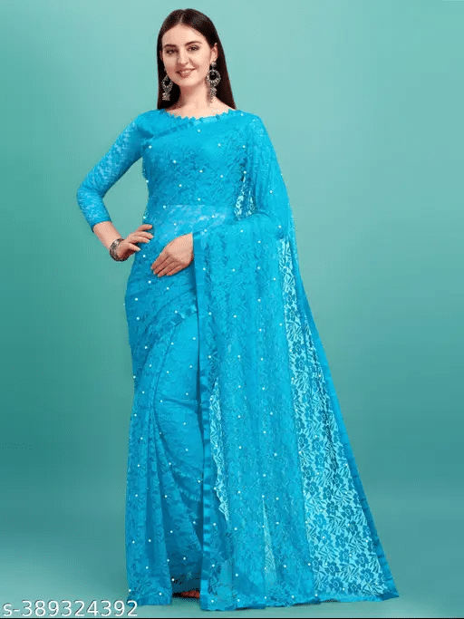 Nilkanthvarni Creation Net Woven Saree With Unstitched Blouse Piece ( Sky Blue ) Nilkanthvarni Creation Net Woven Saree With Unstitched Blouse Piece ( Sky Blue )
