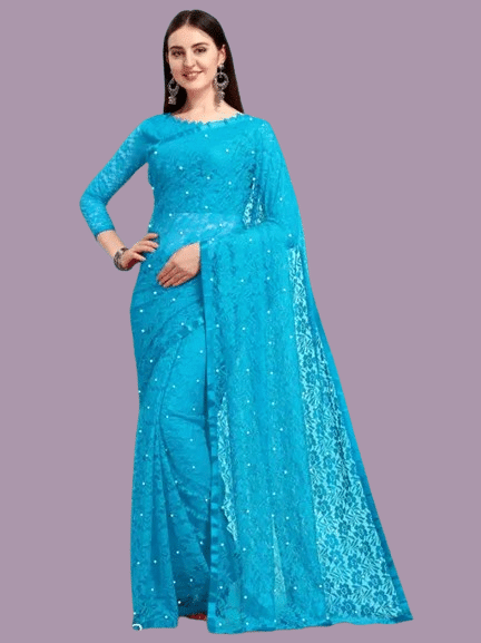 Nilkanthvarni Creation Net Woven Saree With Unstitched Blouse Piece ( Sky Blue ) Nilkanthvarni Creation Net Woven Saree With Unstitched Blouse Piece ( Sky Blue )