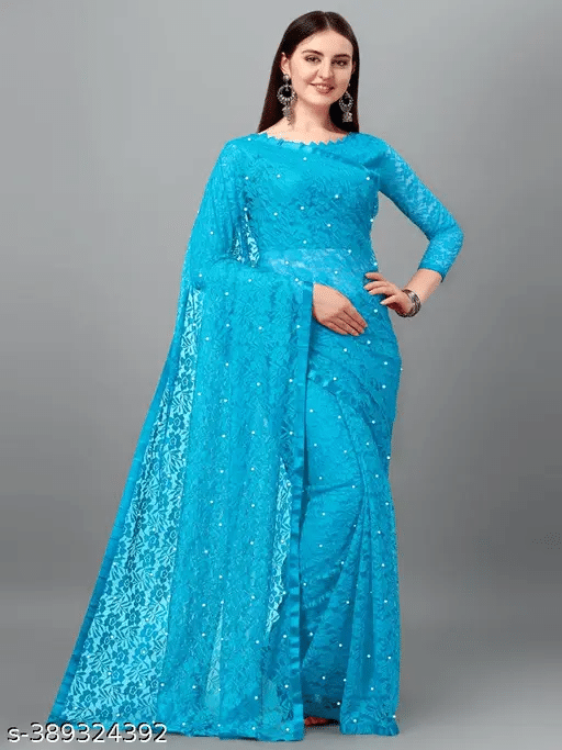     			Nilkanthvarni Creation Net Embellished Saree With Unstitched Blouse Piece ( Sky Blue )