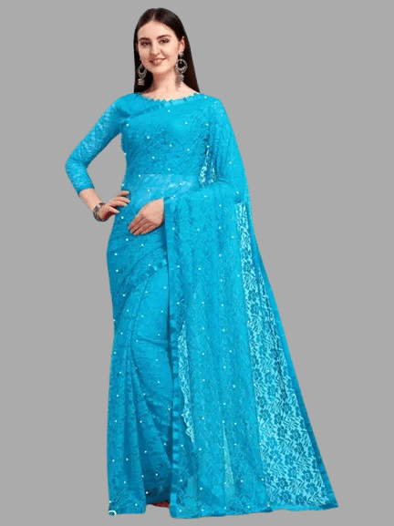 Nilkanthvarni Creation Net Woven Saree With Unstitched Blouse Piece ( Sky Blue ) Nilkanthvarni Creation Net Woven Saree With Unstitched Blouse Piece ( Sky Blue )