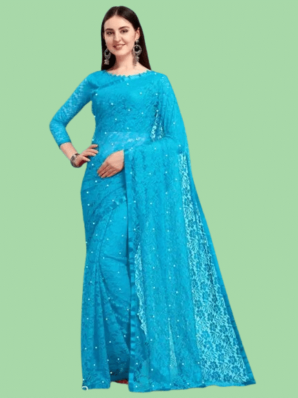 Nilkanthvarni Creation Net Embellished Saree With Unstitched Blouse Piece ( Sky Blue ) Nilkanthvarni Creation Net Embellished Saree With Unstitched Blouse Piece ( Sky Blue )