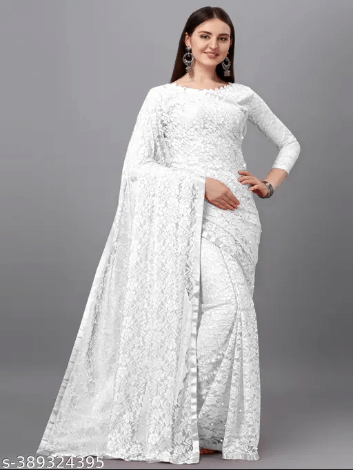     			Nilkanthvarni Creation Net Woven Saree With Unstitched Blouse Piece ( White )