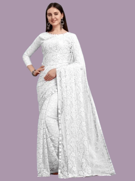     			Nilkanthvarni Creation Net Embellished Saree With Unstitched Blouse Piece ( White )