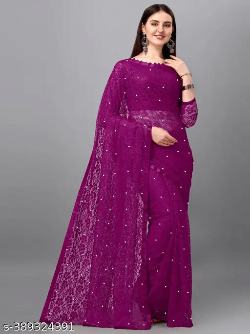 Nilkanthvarni Creation Net Embellished Saree With Unstitched Blouse Piece ( Wine ) Nilkanthvarni Creation Net Embellished Saree With Unstitched Blouse Piece ( Wine )