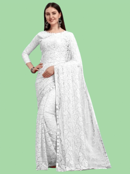     			Nilkanthvarni Creation Net Woven Saree With Unstitched Blouse Piece ( White )