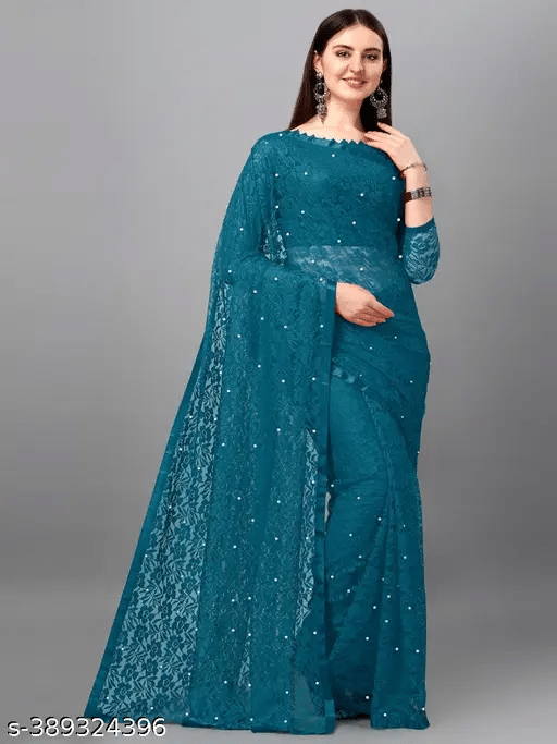     			Nilkanthvarni Creation Net Embellished Saree With Unstitched Blouse Piece ( Rama )