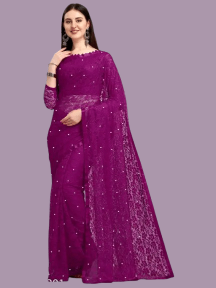     			Nilkanthvarni Creation Net Embellished Saree With Unstitched Blouse Piece ( Wine )