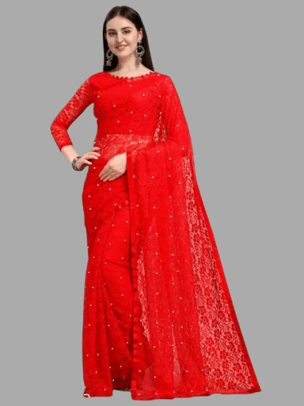 Nilkanthvarni Creation Net Embellished Saree With Stitched Blouse ( Red ) Nilkanthvarni Creation Net Embellished Saree With Stitched Blouse ( Red )