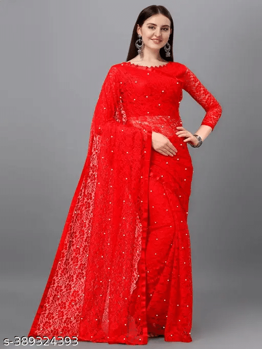 Nilkanthvarni Creation Net Embellished Saree With Unstitched Blouse Piece ( Red ) Nilkanthvarni Creation Net Embellished Saree With Unstitched Blouse Piece ( Red )