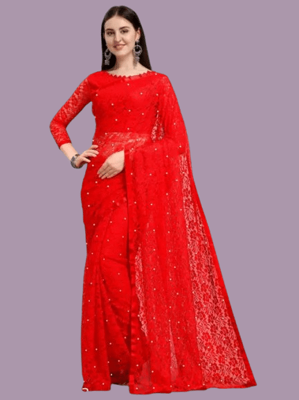 Nilkanthvarni Creation Net Embellished Saree With Unstitched Blouse Piece ( Red ) Nilkanthvarni Creation Net Embellished Saree With Unstitched Blouse Piece ( Red )
