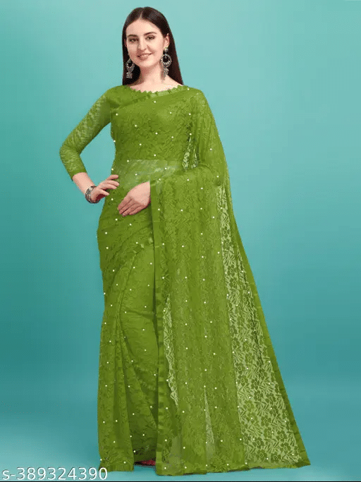     			Nilkanthvarni Creation Net Embellished Saree With Unstitched Blouse Piece ( Olive )