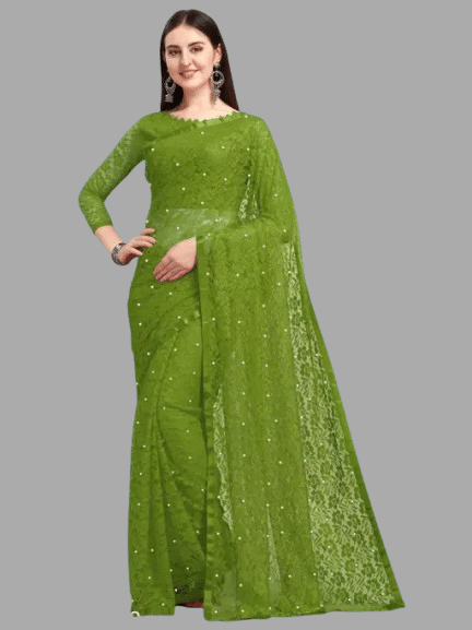     			Nilkanthvarni Creation Net Embellished Saree With Unstitched Blouse Piece ( Olive )