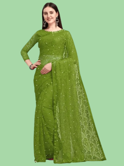 Nilkanthvarni Creation Net Embellished Saree With Unstitched Blouse Piece ( Olive ) Nilkanthvarni Creation Net Embellished Saree With Unstitched Blouse Piece ( Olive )