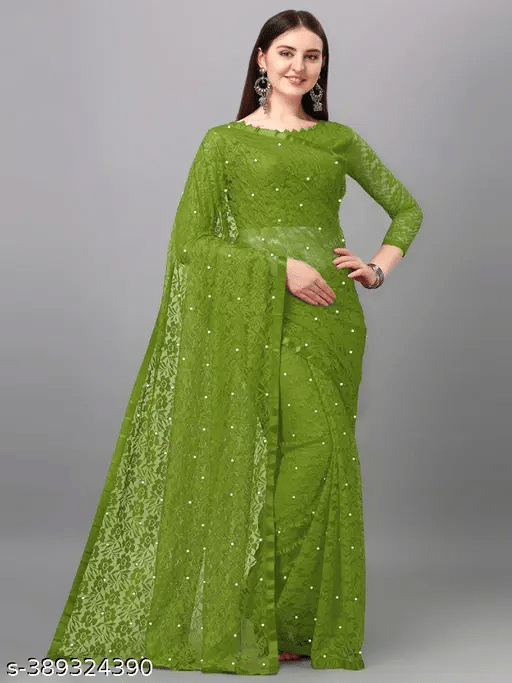 Nilkanthvarni Creation Net Embellished Saree With Unstitched Blouse Piece ( Olive ) Nilkanthvarni Creation Net Embellished Saree With Unstitched Blouse Piece ( Olive )