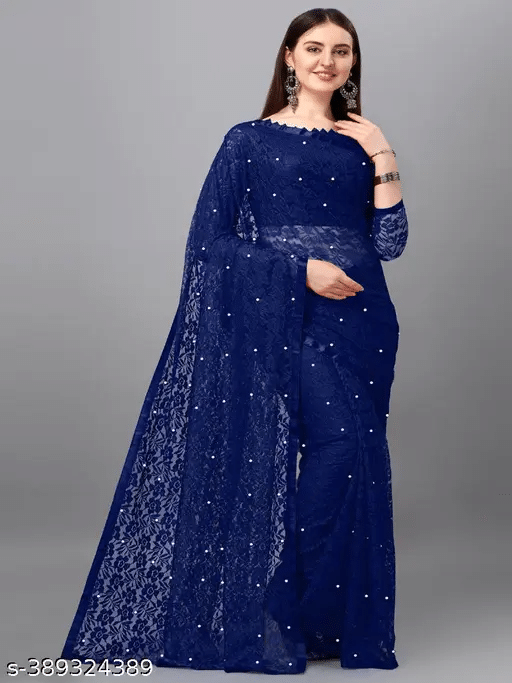 Nilkanthvarni Creation Net Embellished Saree With Unstitched Blouse Piece ( Navy Blue ) Nilkanthvarni Creation Net Embellished Saree With Unstitched Blouse Piece ( Navy Blue )