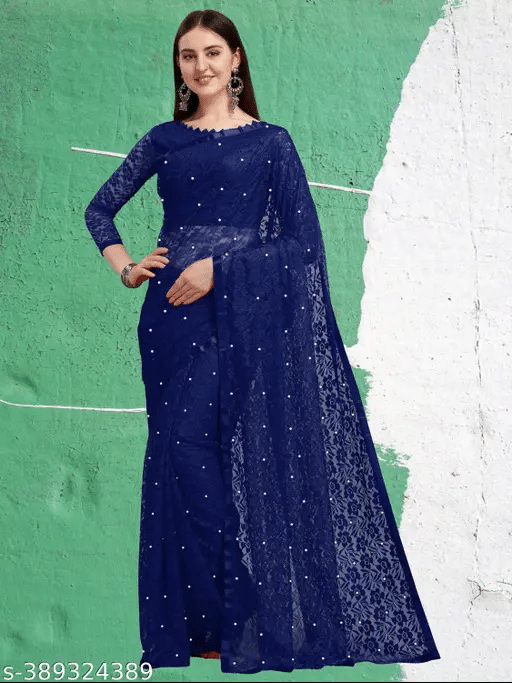     			Nilkanthvarni Creation Net Embellished Saree With Unstitched Blouse Piece ( Navy Blue )