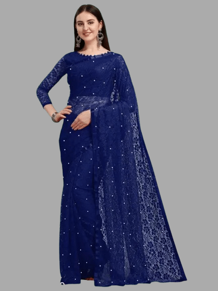 Nilkanthvarni Creation Net Embellished Saree With Unstitched Blouse Piece ( Navy Blue ) Nilkanthvarni Creation Net Embellished Saree With Unstitched Blouse Piece ( Navy Blue )