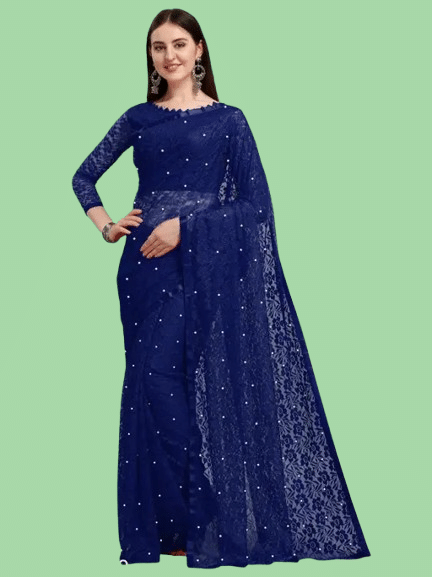     			Nilkanthvarni Creation Net Embellished Saree With Unstitched Blouse Piece ( Navy Blue )
