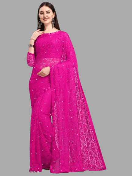 Nilkanthvarni Creation Net Embellished Saree With Unstitched Blouse Piece ( Pink ) Nilkanthvarni Creation Net Embellished Saree With Unstitched Blouse Piece ( Pink )