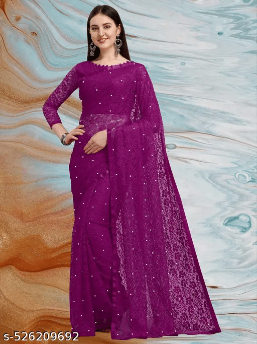 Nilkanthvarni Creation Net Embellished Saree With Unstitched Blouse Piece ( Wine ) Nilkanthvarni Creation Net Embellished Saree With Unstitched Blouse Piece ( Wine )