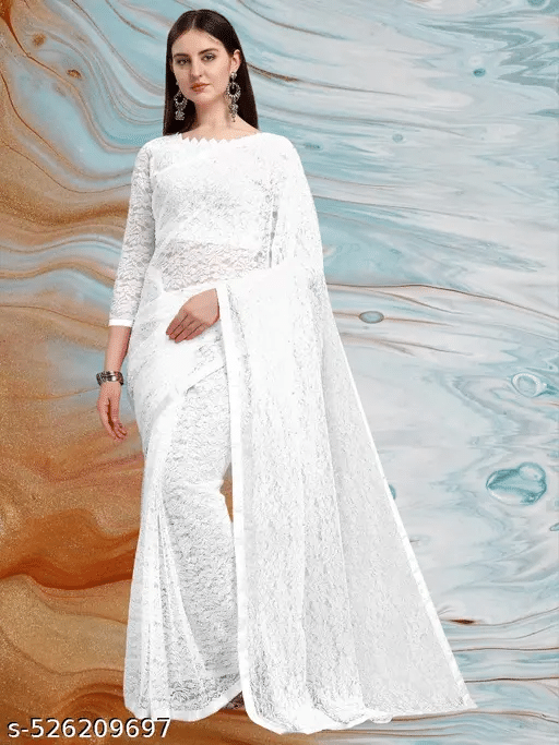 Nilkanthvarni Creation Net Woven Saree With Unstitched Blouse Piece ( White ) Nilkanthvarni Creation Net Woven Saree With Unstitched Blouse Piece ( White )