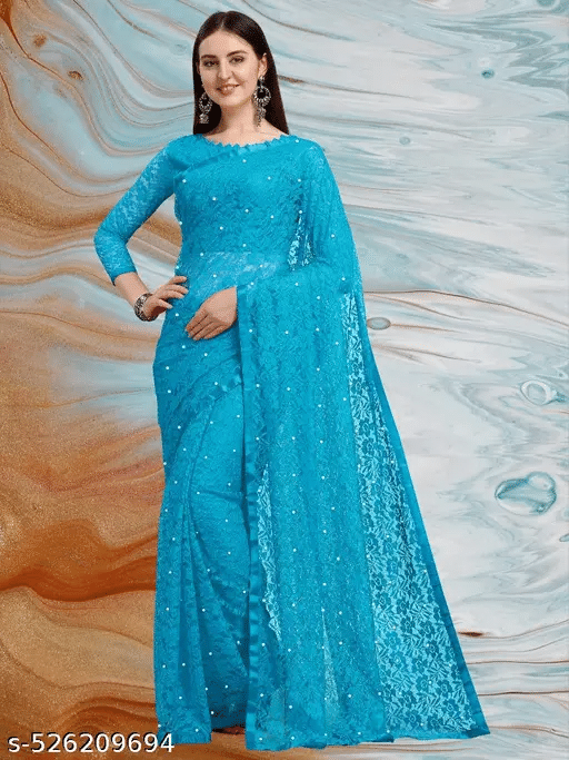 Nilkanthvarni Creation Net Embellished Saree With Unstitched Blouse Piece ( Sky Blue ) Nilkanthvarni Creation Net Embellished Saree With Unstitched Blouse Piece ( Sky Blue )