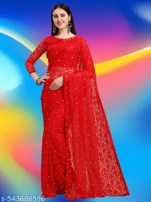 Nilkanthvarni Creation Net Embellished Saree With Unstitched Blouse Piece ( Red ) Nilkanthvarni Creation Net Embellished Saree With Unstitched Blouse Piece ( Red )