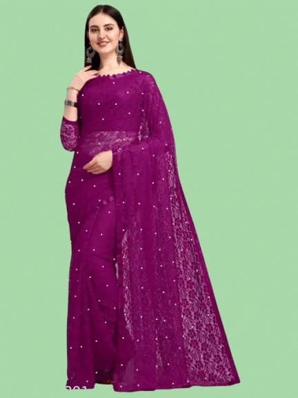 Nilkanthvarni Creation Net Embellished Saree With Unstitched Blouse Piece ( Wine ) Nilkanthvarni Creation Net Embellished Saree With Unstitched Blouse Piece ( Wine )