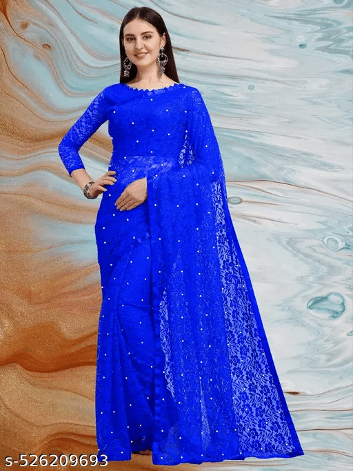     			Nilkanthvarni Creation Net Embellished Saree With Unstitched Blouse Piece ( Light Blue )