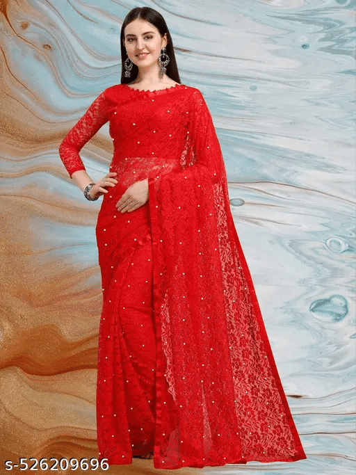 Nilkanthvarni Creation Net Woven Saree With Unstitched Blouse Piece ( Red ) Nilkanthvarni Creation Net Woven Saree With Unstitched Blouse Piece ( Red )