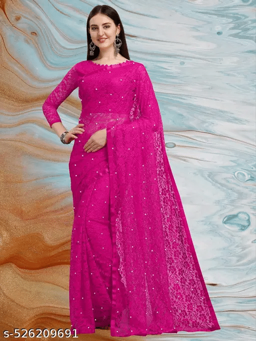 Nilkanthvarni Creation Net Woven Saree With Unstitched Blouse Piece ( Pink ) Nilkanthvarni Creation Net Woven Saree With Unstitched Blouse Piece ( Pink )