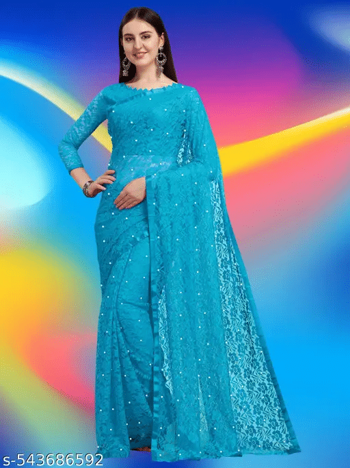 Nilkanthvarni Creation Net Woven Saree With Unstitched Blouse Piece ( Aqua Blue ) Nilkanthvarni Creation Net Woven Saree With Unstitched Blouse Piece ( Aqua Blue )