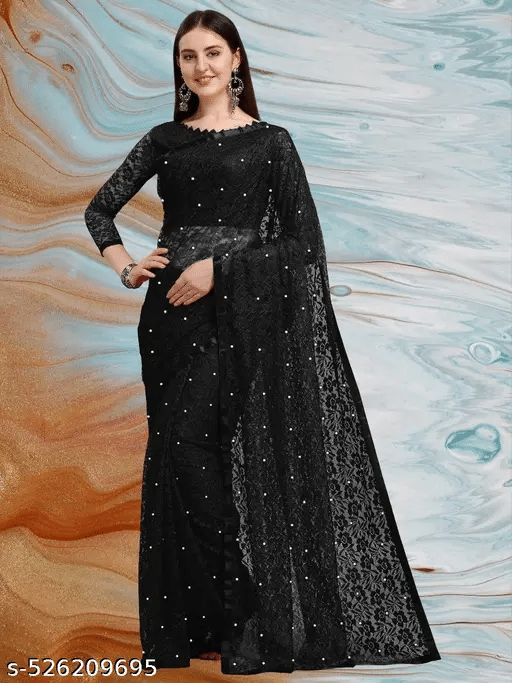 Nilkanthvarni Creation Net Embellished Saree With Unstitched Blouse Piece ( Black ) Nilkanthvarni Creation Net Embellished Saree With Unstitched Blouse Piece ( Black )